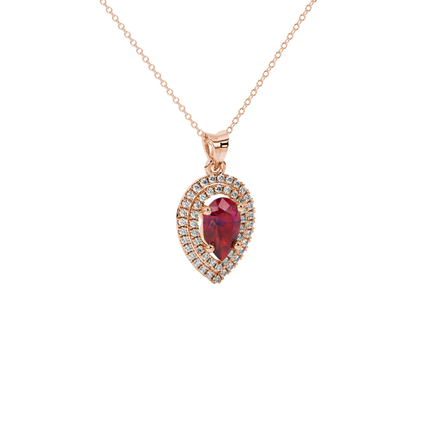 Close-up, pear shape raspberry red gemstone pendant, rose gold halo setting.