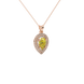 Close-up, pear shape canary yellow gemstone pendant, rose gold halo setting.