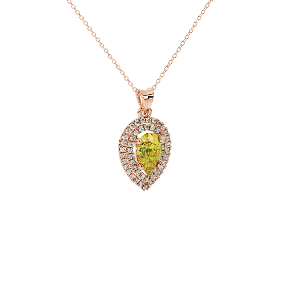 Close-up, pear shape canary yellow gemstone pendant, rose gold halo setting.