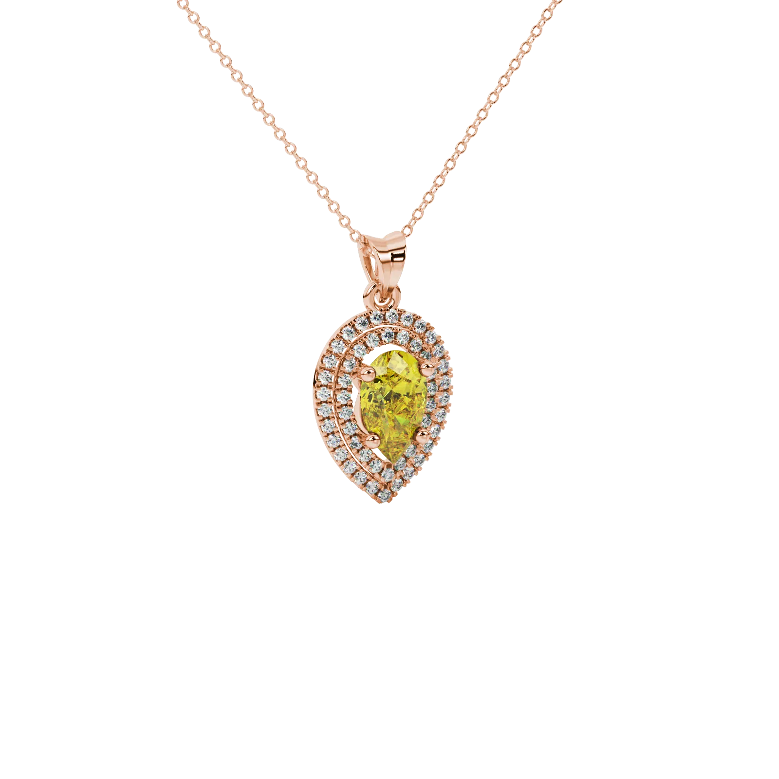 Close-up, pear shape canary yellow gemstone pendant, rose gold halo setting.