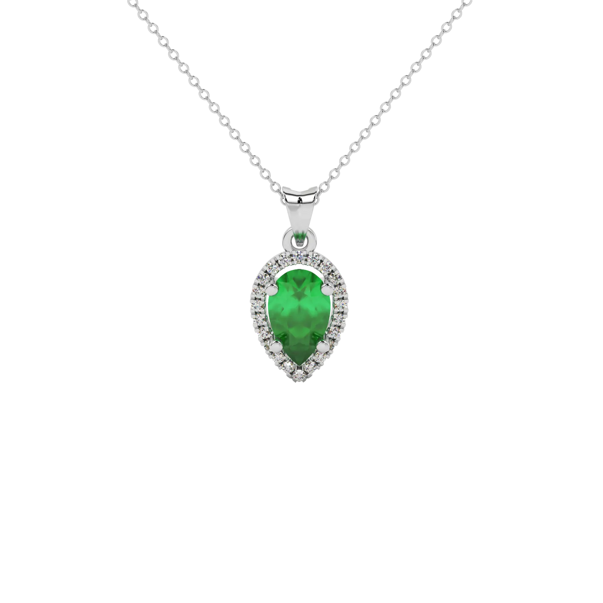 Pear shape emerald green gemstone pendant, white gold french pavé halo setting.