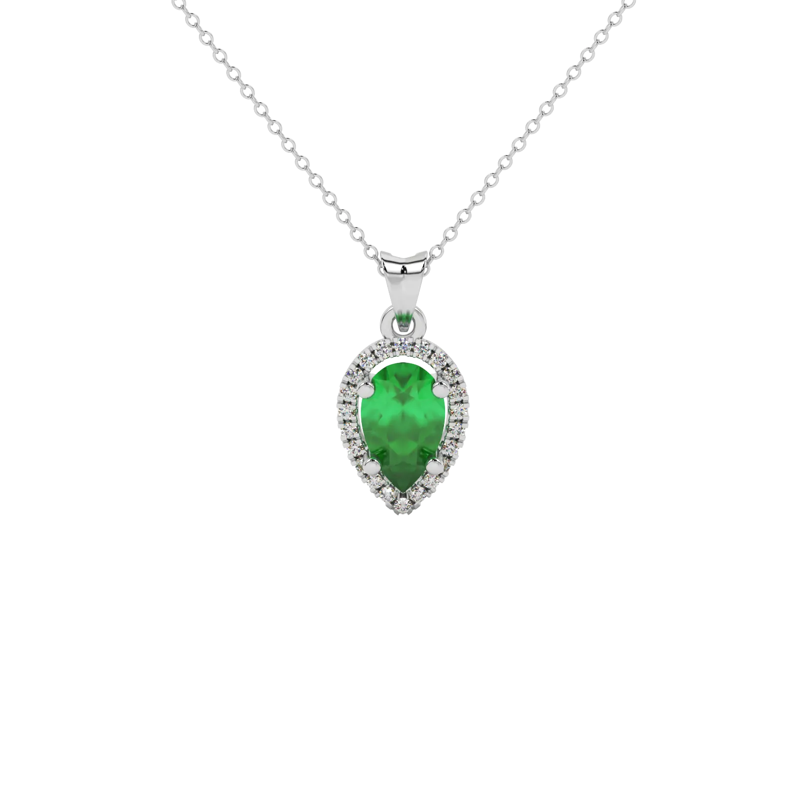Pear shape emerald green gemstone pendant, white gold french pavé halo setting.