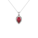 Pear shape raspberry red gemstone pendant, white gold french pavé halo setting.