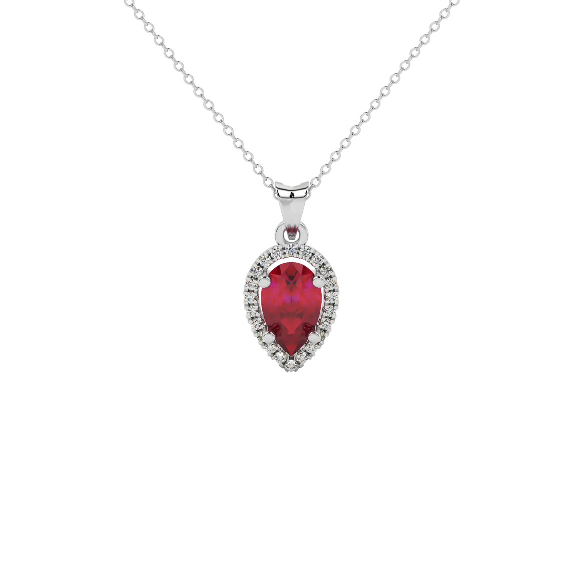 Pear shape raspberry red gemstone pendant, white gold french pavé halo setting.