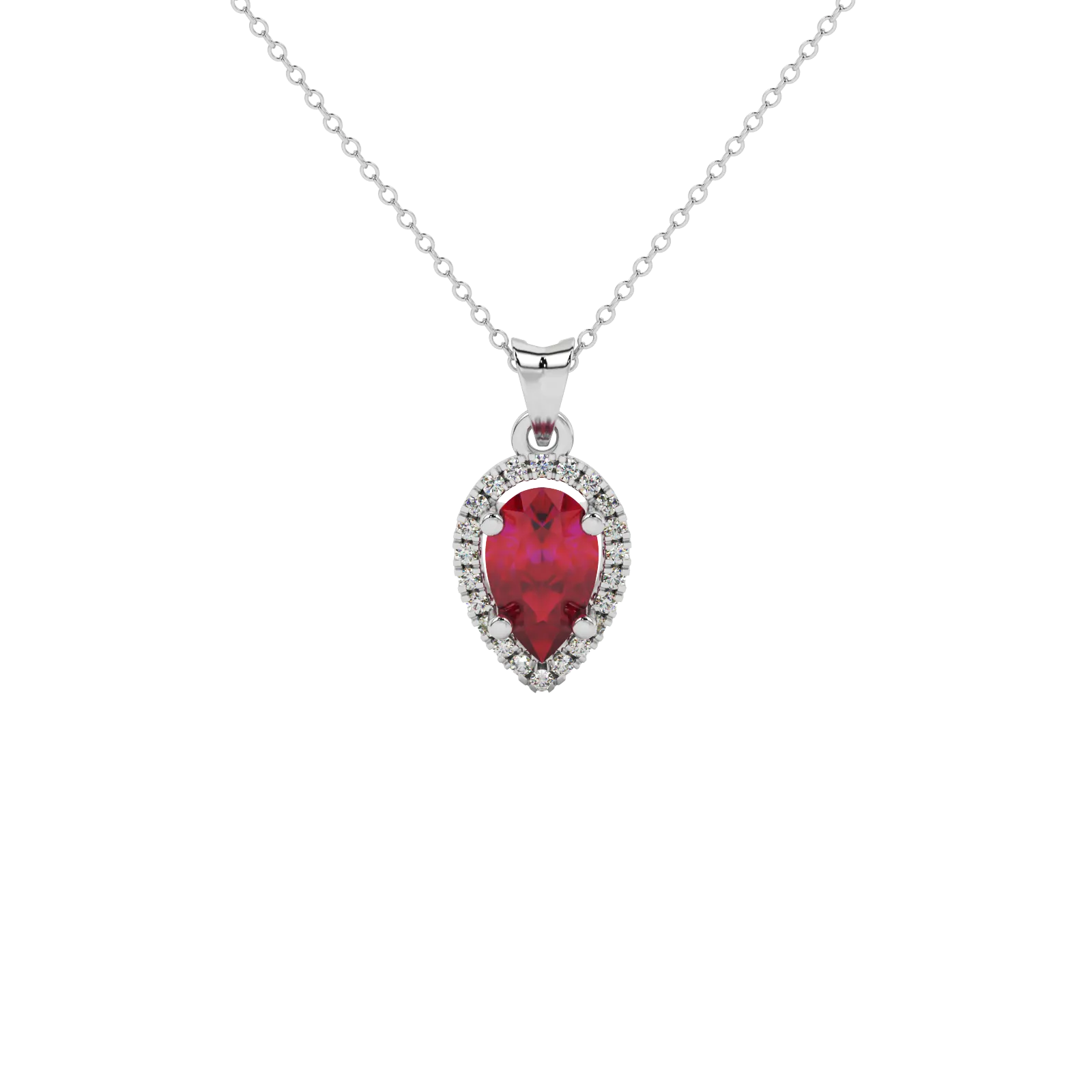 Pear shape raspberry red gemstone pendant, white gold french pavé halo setting.