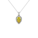 Pear shape canary yellow gemstone pendant, white gold french pavé halo setting.