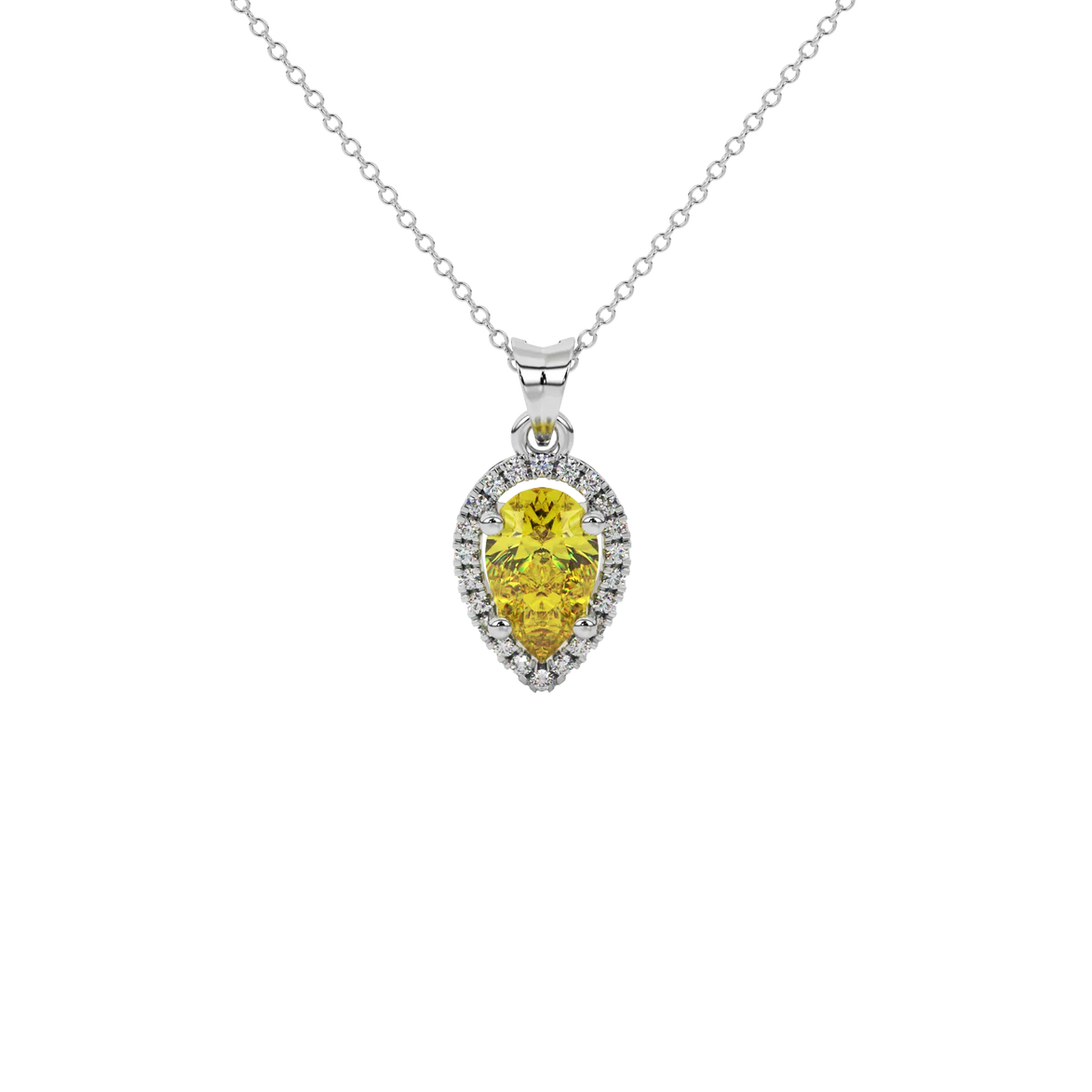 Pear shape canary yellow gemstone pendant, white gold french pavé halo setting.