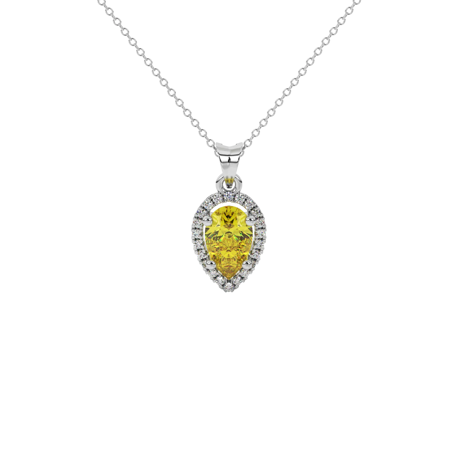 Pear shape canary yellow gemstone pendant, white gold french pavé halo setting.