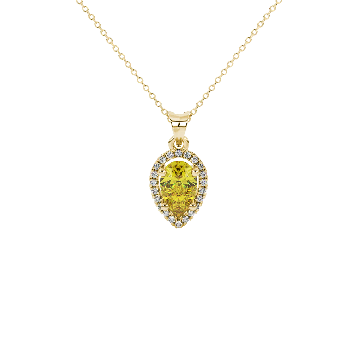 Pear shape canary yellow gemstone pendant, yellow gold french pavé halo setting.