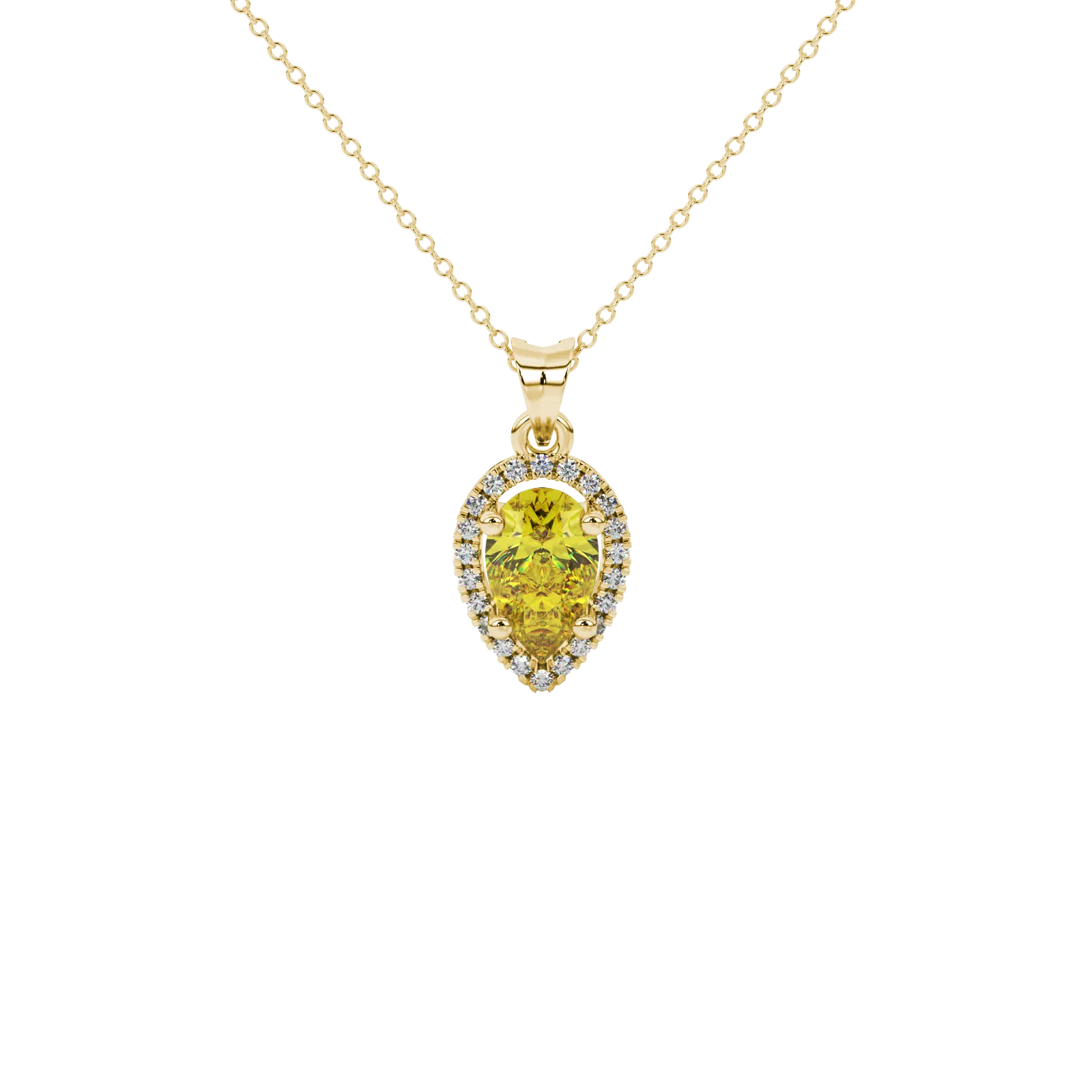 Pear shape canary yellow gemstone pendant, yellow gold french pavé halo setting.