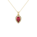 Pear shape raspberry red gemstone pendant, yellow gold french pavé halo setting.