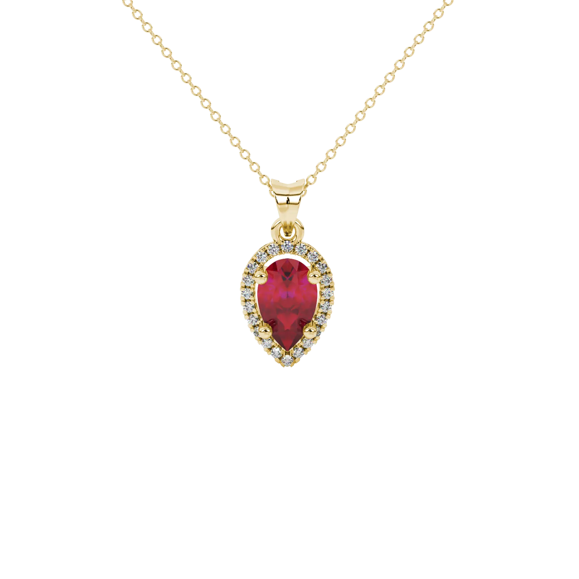 Pear shape raspberry red gemstone pendant, yellow gold french pavé halo setting.
