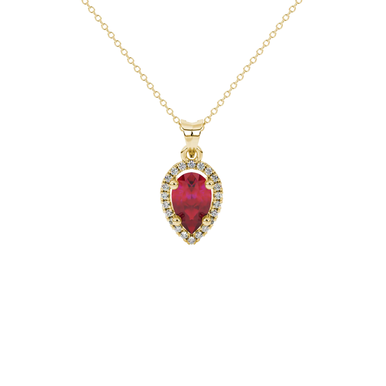 Pear shape raspberry red gemstone pendant, yellow gold french pavé halo setting.