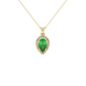 Pear shape emerald green gemstone pendant, yellow gold french pavé halo setting.