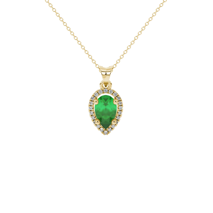 Pear shape emerald green gemstone pendant, yellow gold french pavé halo setting.