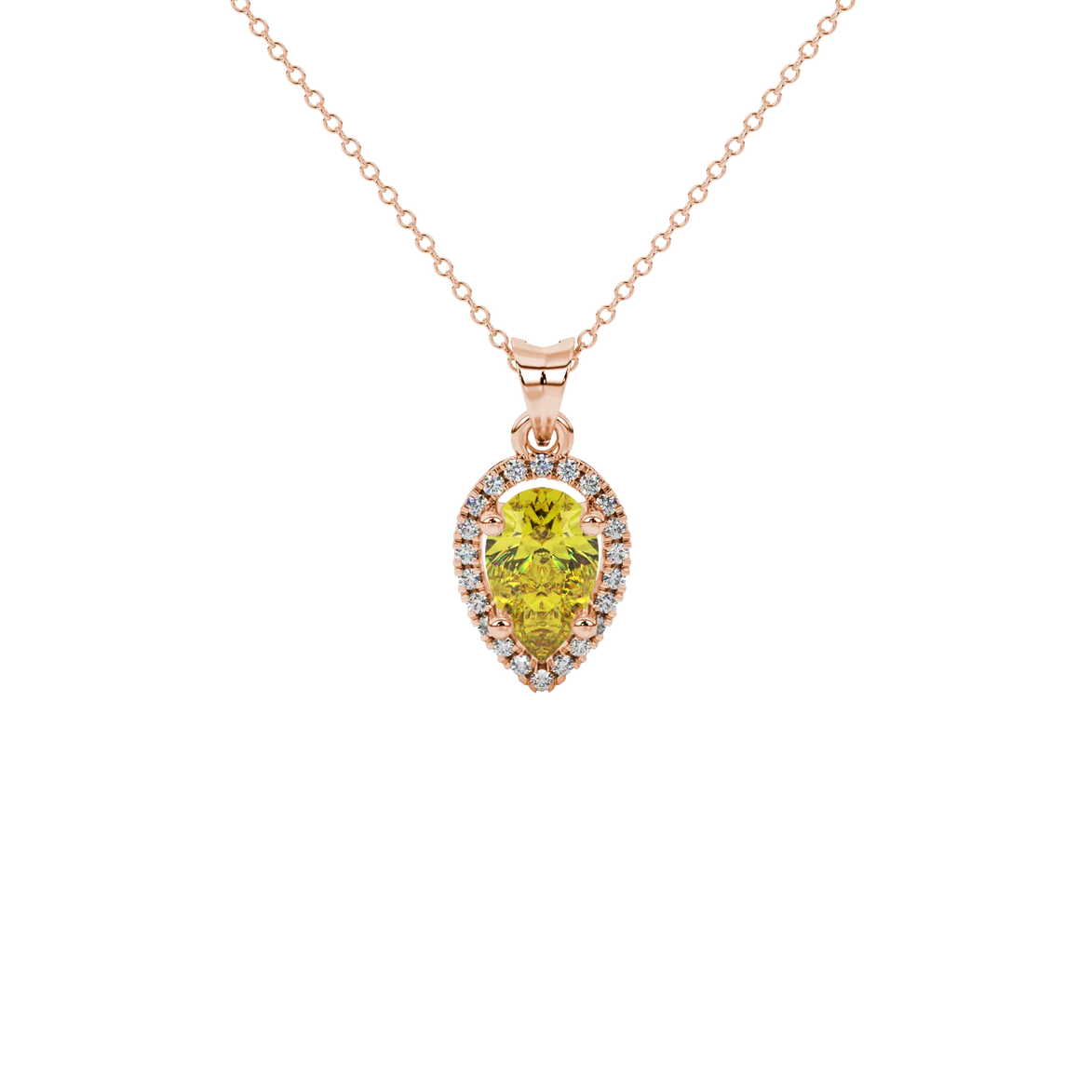 Pear shape canary yellow gemstone pendant, rose gold french pavé halo setting.