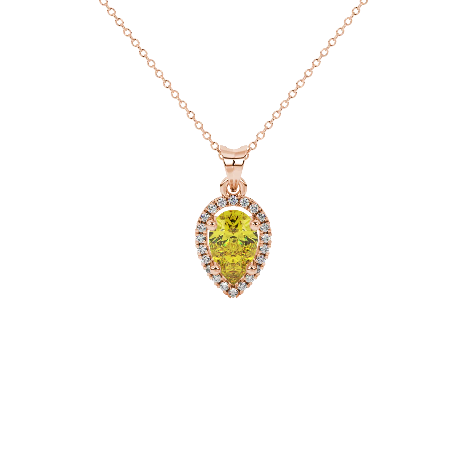 Pear shape canary yellow gemstone pendant, rose gold french pavé halo setting.