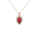 Pear shape raspberry red gemstone pendant, rose gold french pavé halo setting.