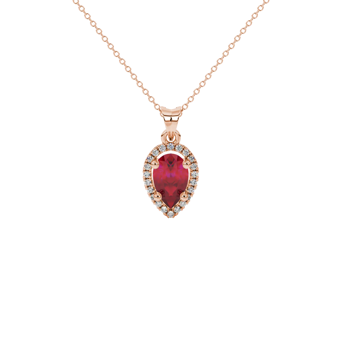 Pear shape raspberry red gemstone pendant, rose gold french pavé halo setting.