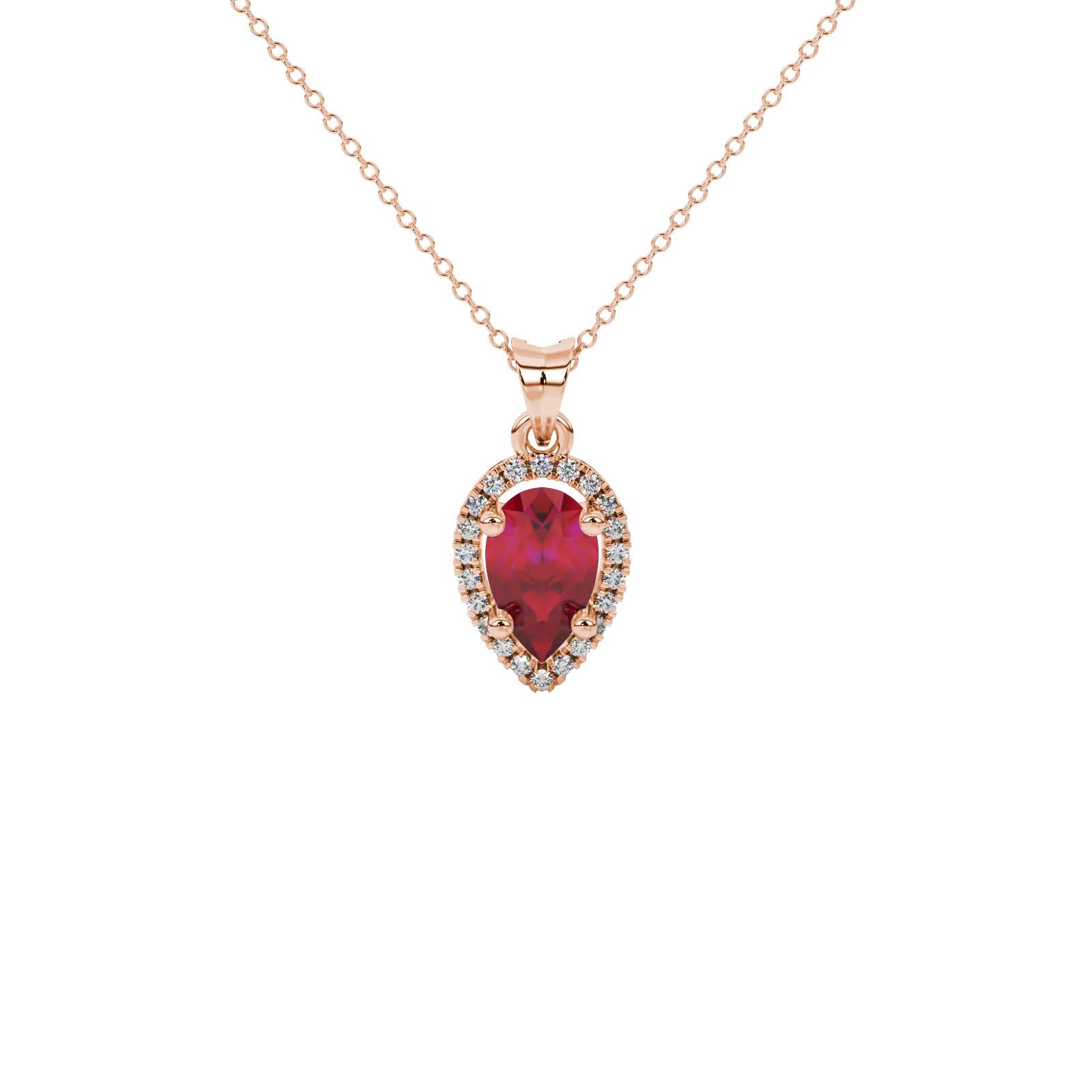Pear shape raspberry red gemstone pendant, rose gold french pavé halo setting.