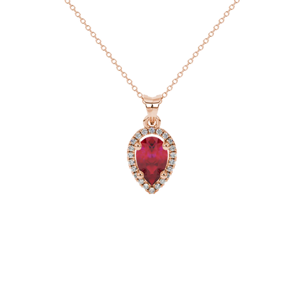 Pear shape raspberry red gemstone pendant, rose gold french pavé halo setting.