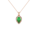 Pear shape emerald green gemstone pendant, rose gold french pavé halo setting.