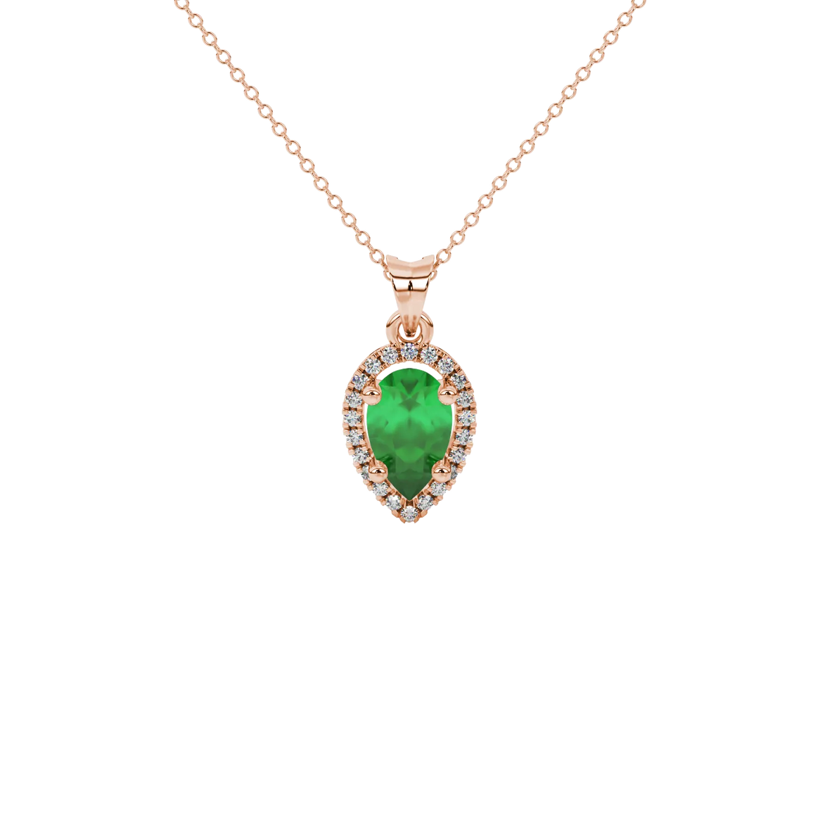 Pear shape emerald green gemstone pendant, rose gold french pavé halo setting.