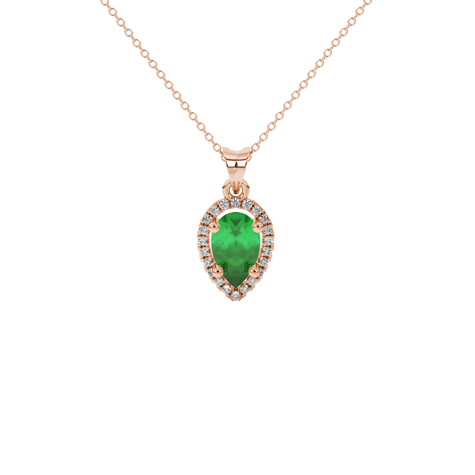 Pear shape emerald green gemstone pendant, rose gold french pavé halo setting.