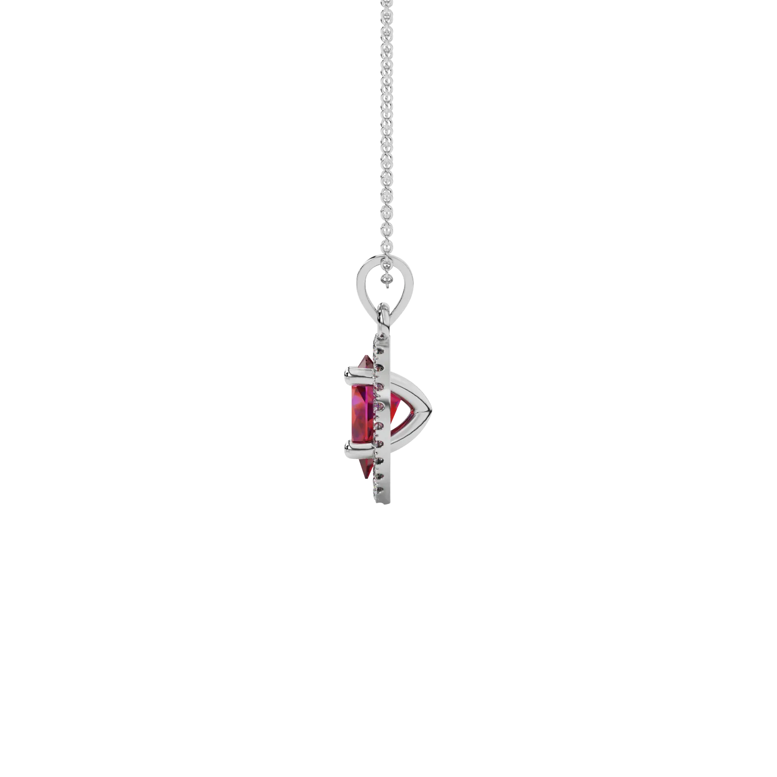 Side profile, white gold raspberry red pendant, french pavé halo gallery.