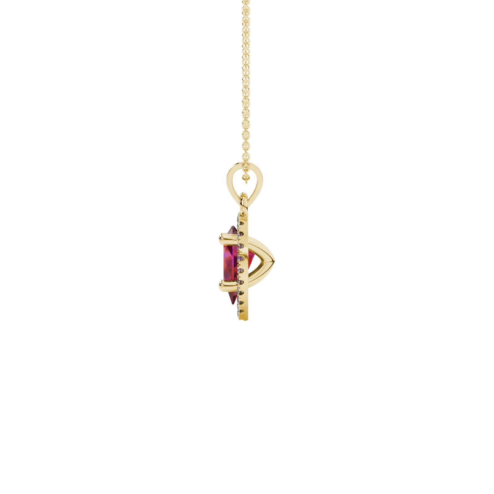Side profile, yellow gold raspberry red pendant, french pavé halo gallery.
