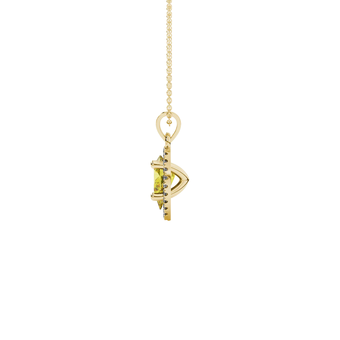 Side profile, yellow gold canary yellow pendant, french pavé halo gallery.