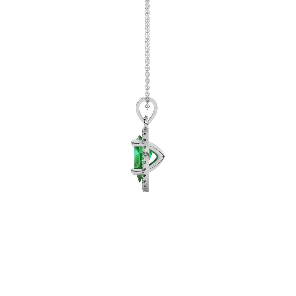 Side profile, white gold emerald green pendant, french pavé halo gallery.