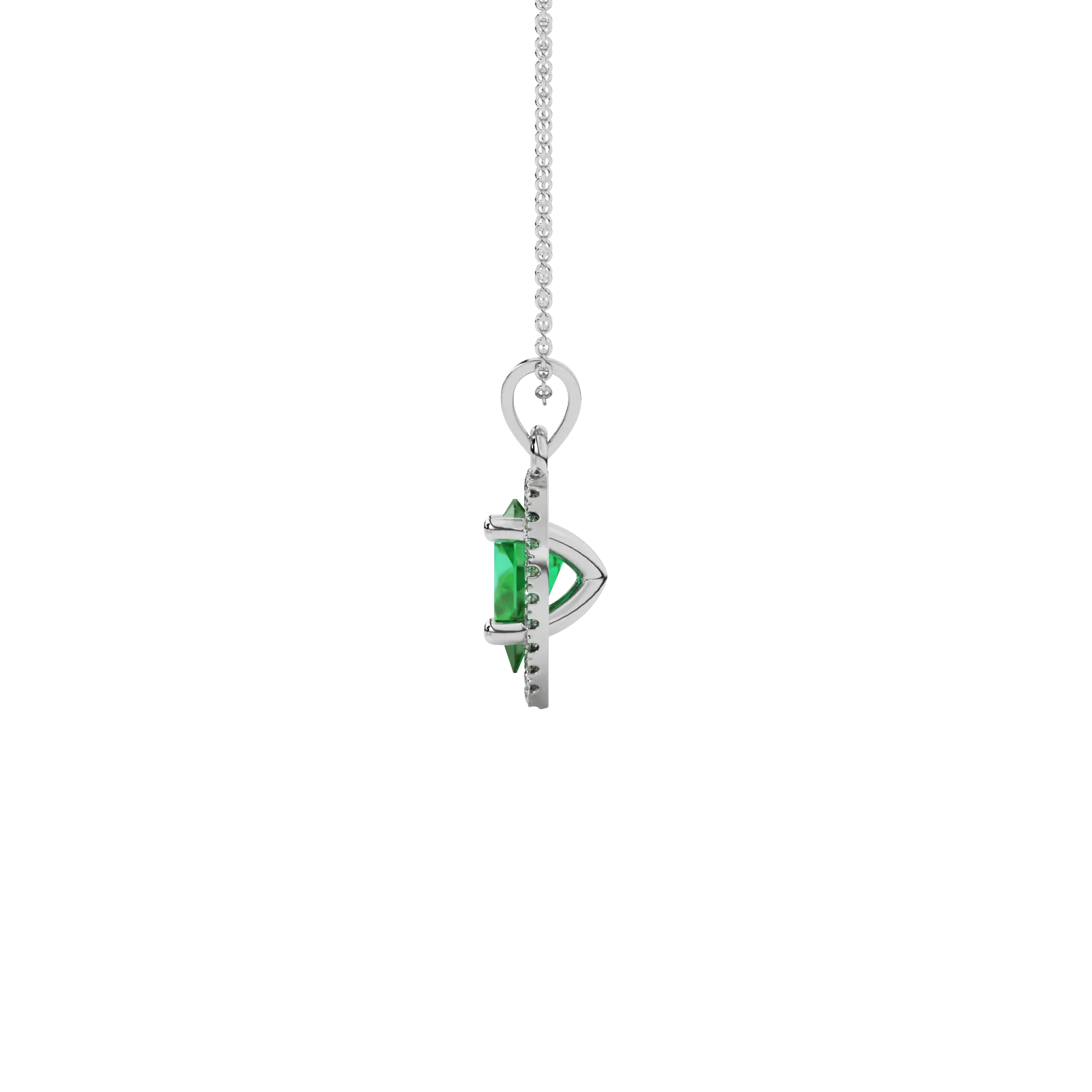 Side profile, white gold emerald green pendant, french pavé halo gallery.