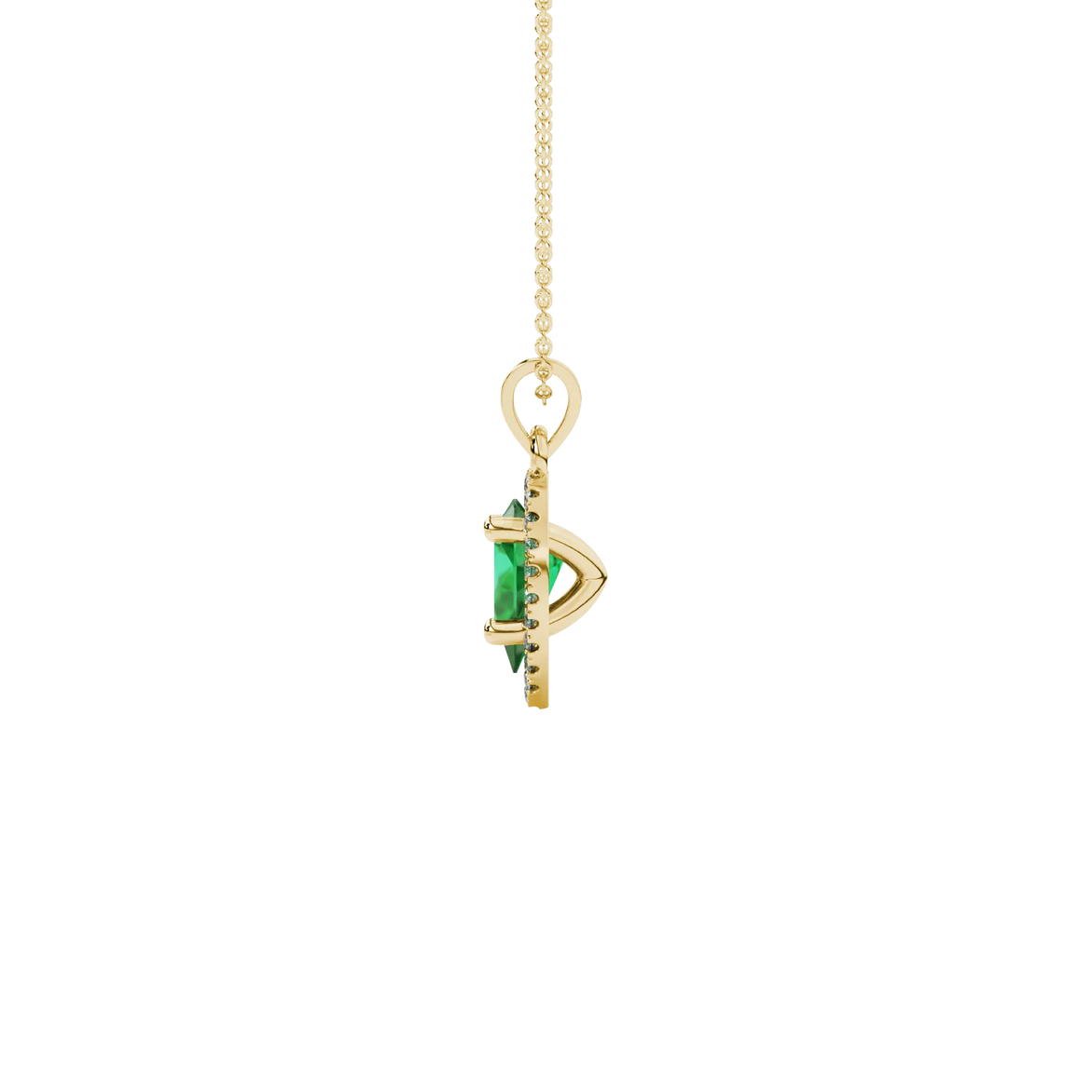 Side profile, yellow gold emerald green pendant, french pavé halo gallery.