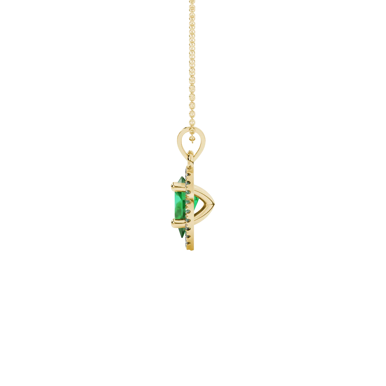 Side profile, yellow gold emerald green pendant, french pavé halo gallery.
