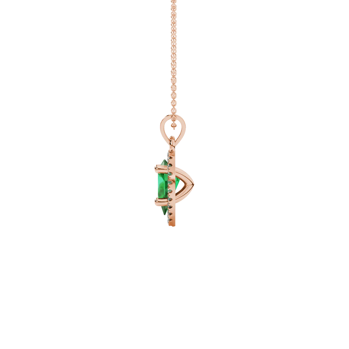 Side profile, rose gold emerald green pendant, french pavé halo gallery.