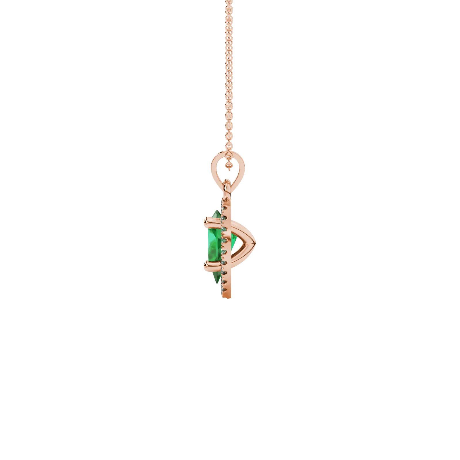 Side profile, rose gold emerald green pendant, french pavé halo gallery.