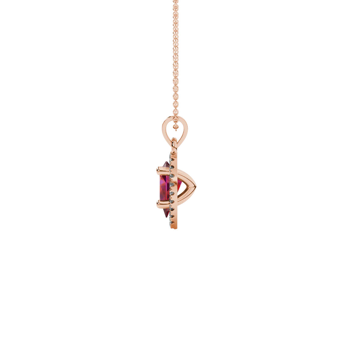 Side profile, rose gold raspberry red pendant, french pavé halo gallery.