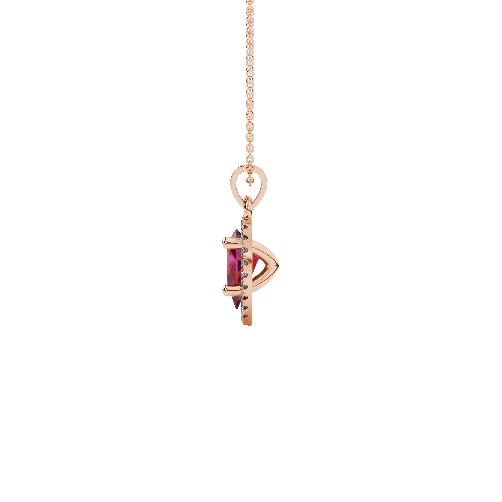 Side profile, rose gold raspberry red pendant, french pavé halo gallery.