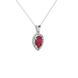 Close-up raspberry red gemstone pendant, white gold french pavé halo.