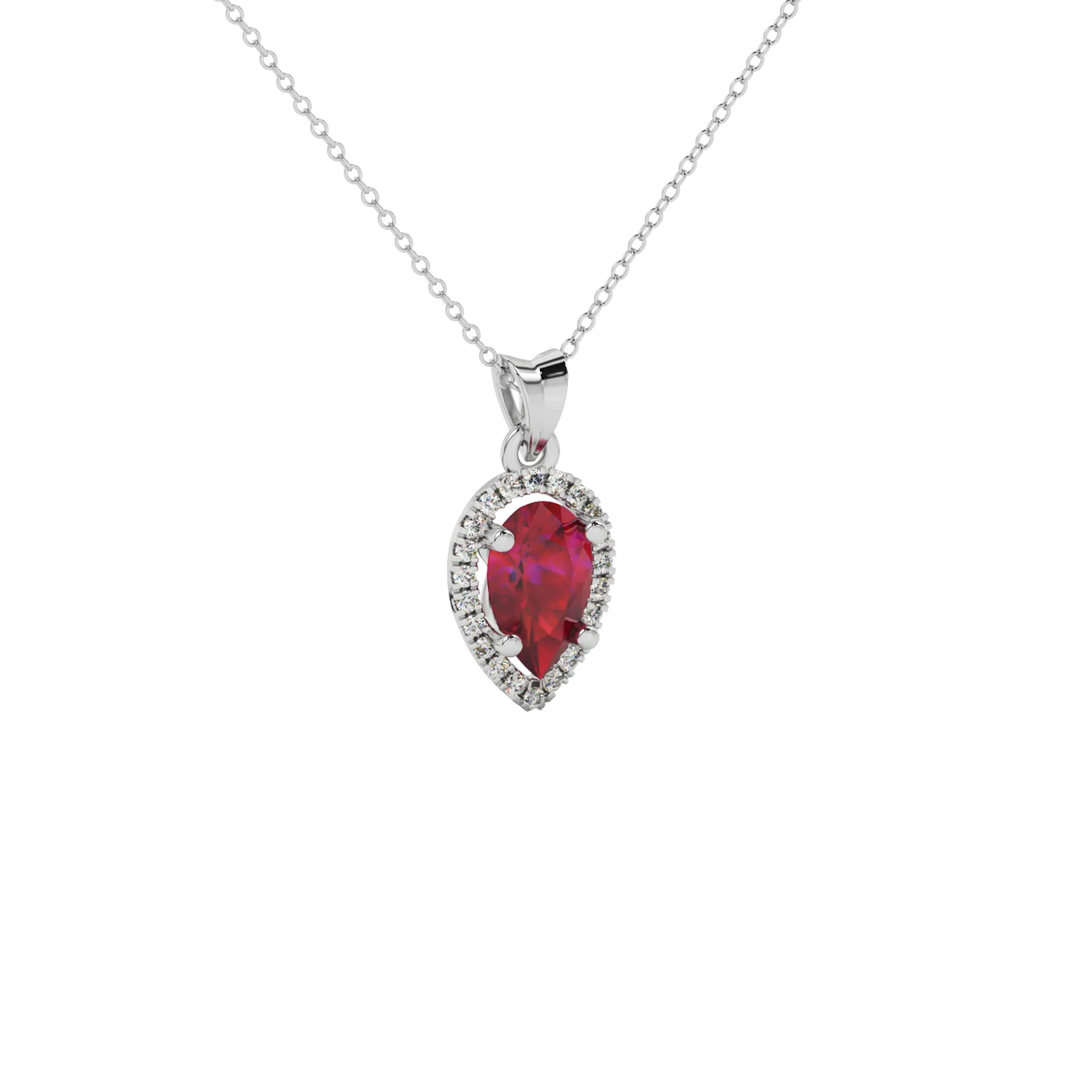 Close-up raspberry red gemstone pendant, white gold french pavé halo.