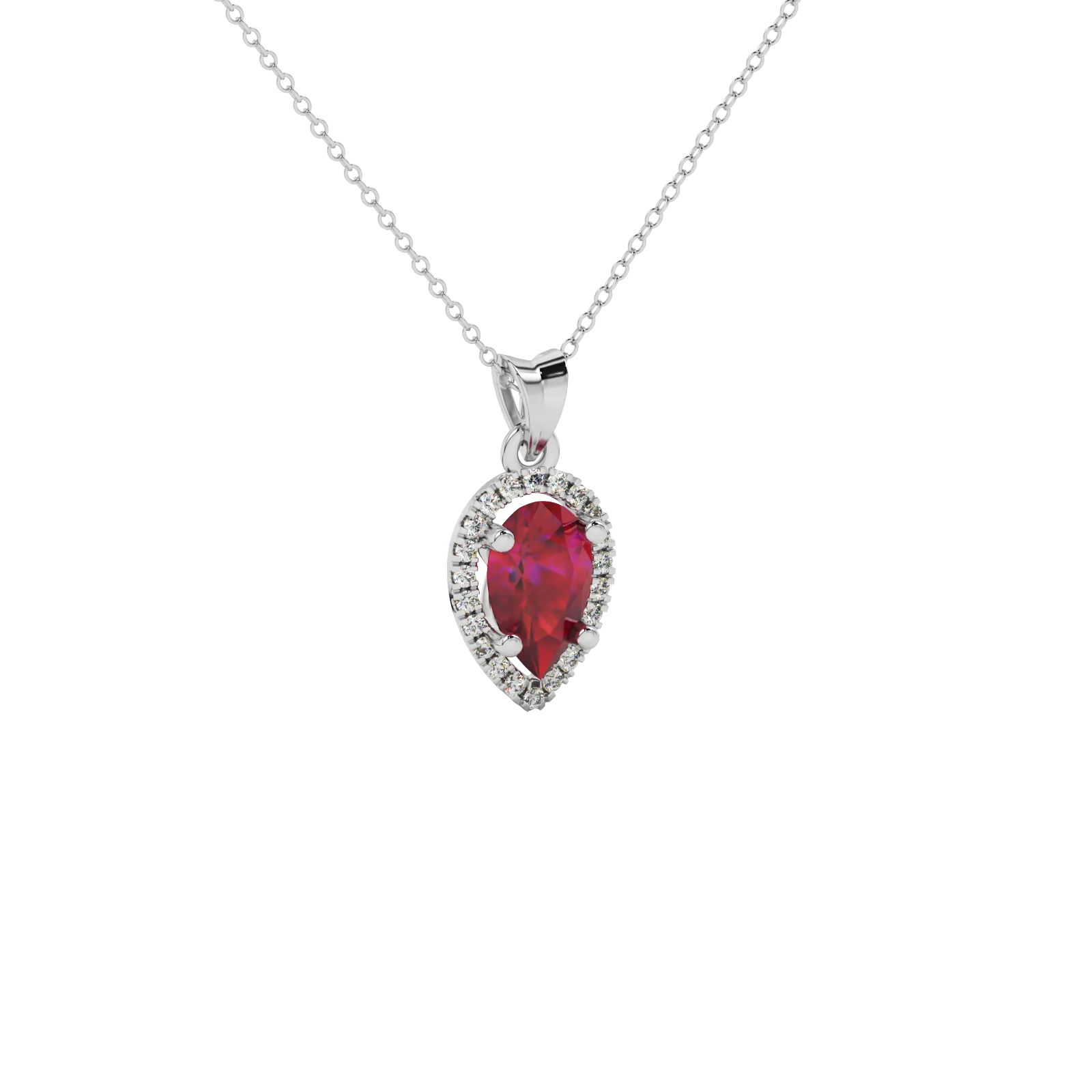 Close-up raspberry red gemstone pendant, white gold french pavé halo.