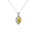 Close-up canary yellow gemstone, white gold french pavé halo.