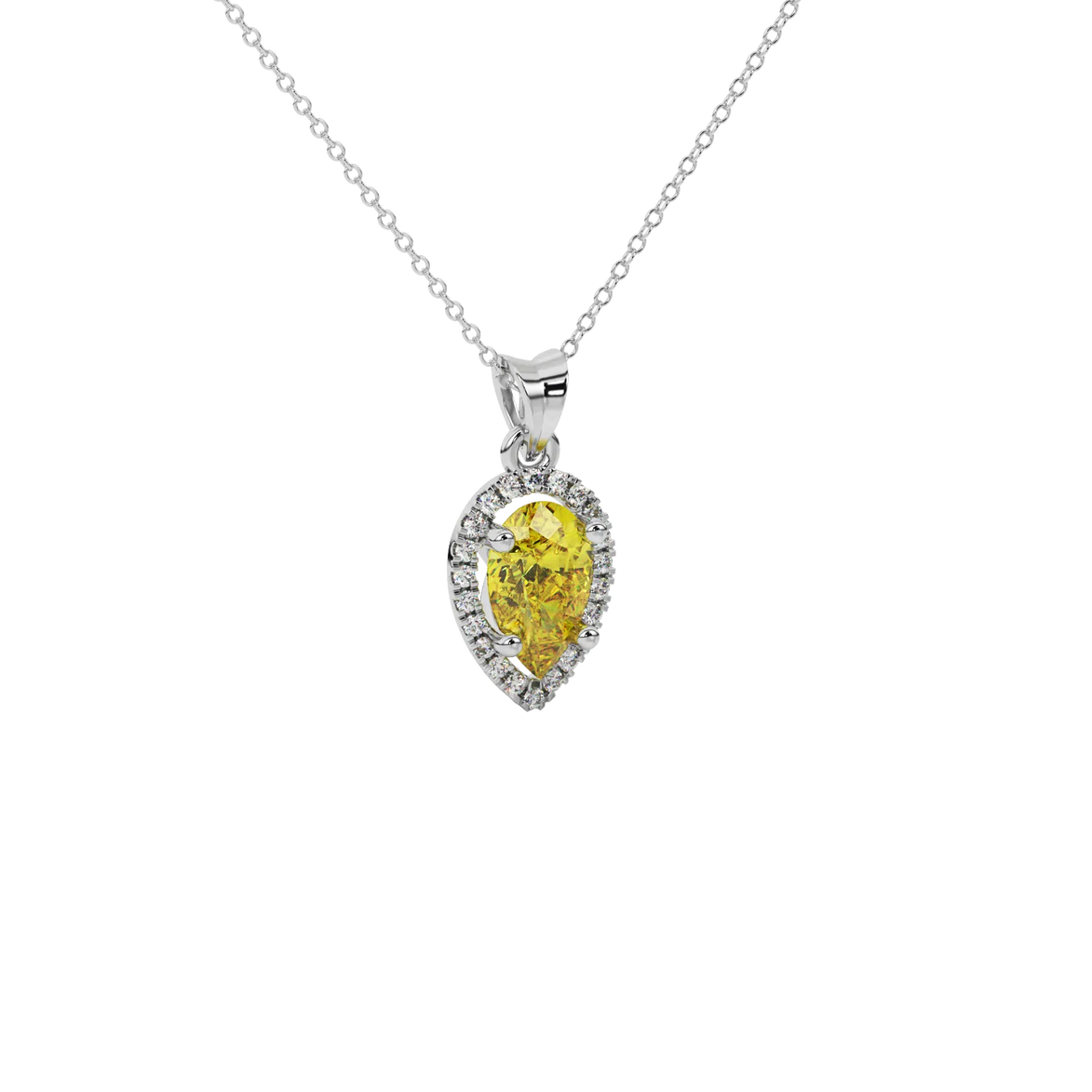 Close-up canary yellow gemstone, white gold french pavé halo.