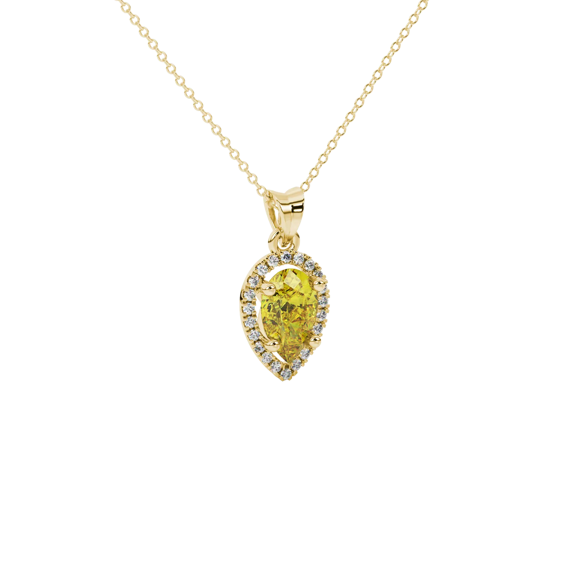 Close-up, pear shape canary yellow gemstone, yellow gold french pavé halo pendant.