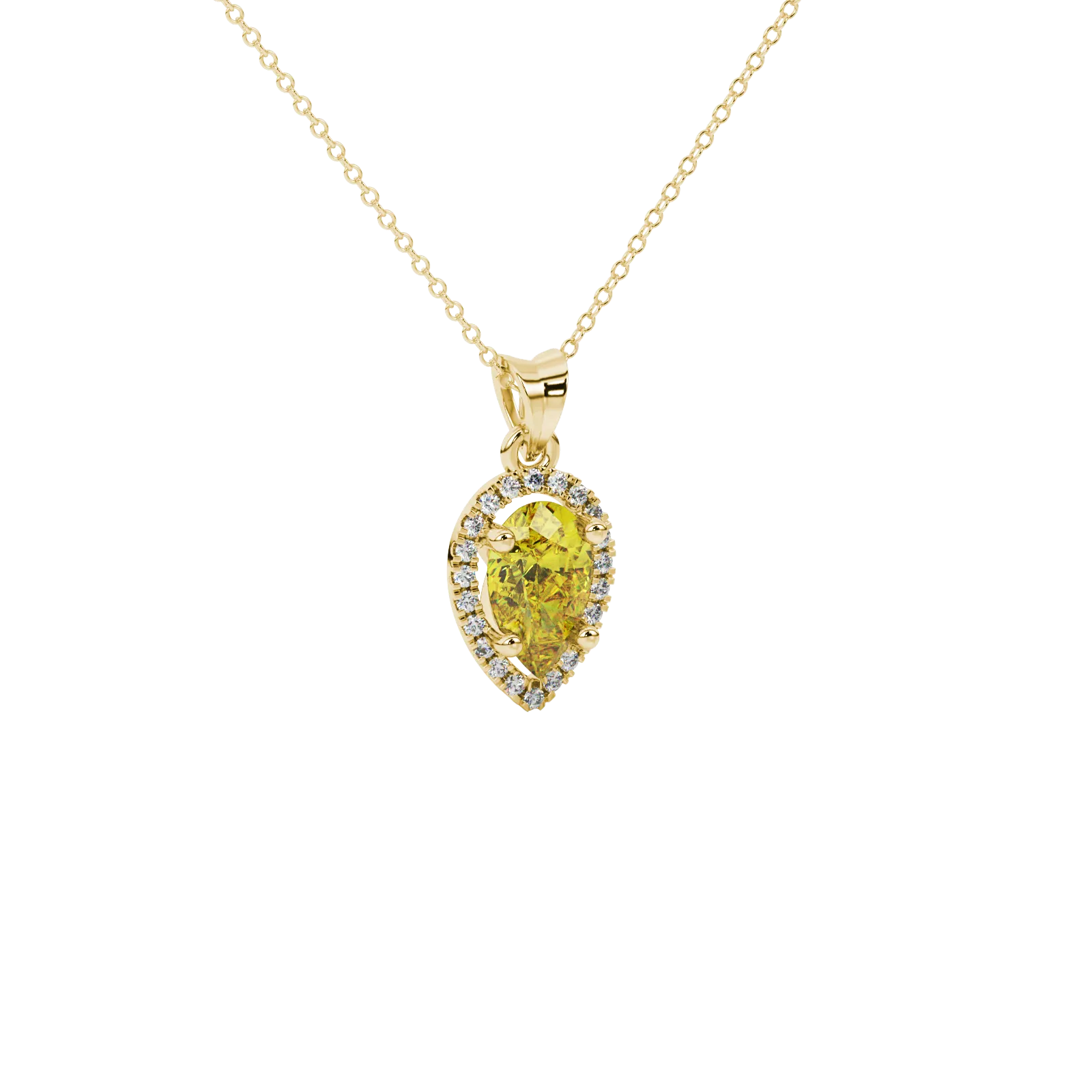 Close-up, pear shape canary yellow gemstone, yellow gold french pavé halo pendant.
