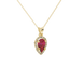 Close-up, pear shape raspberry red gemstone, yellow gold french pavé halo pendant