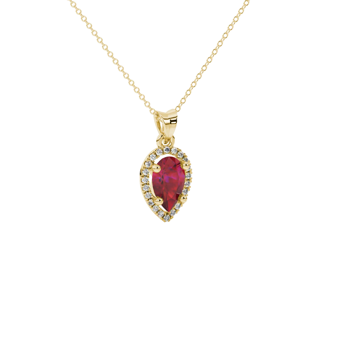 Close-up, pear shape raspberry red gemstone, yellow gold french pavé halo pendant