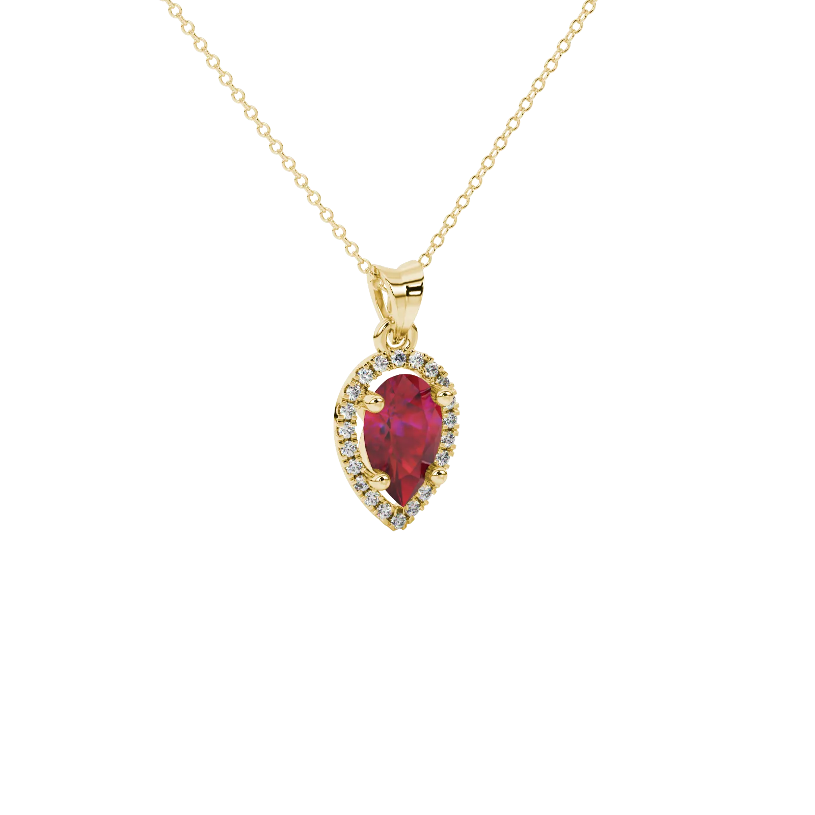 Close-up, pear shape raspberry red gemstone, yellow gold french pavé halo pendant