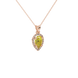 Close-up, pear shape canary yellow gemstone pendant, rose gold french pavé halo.